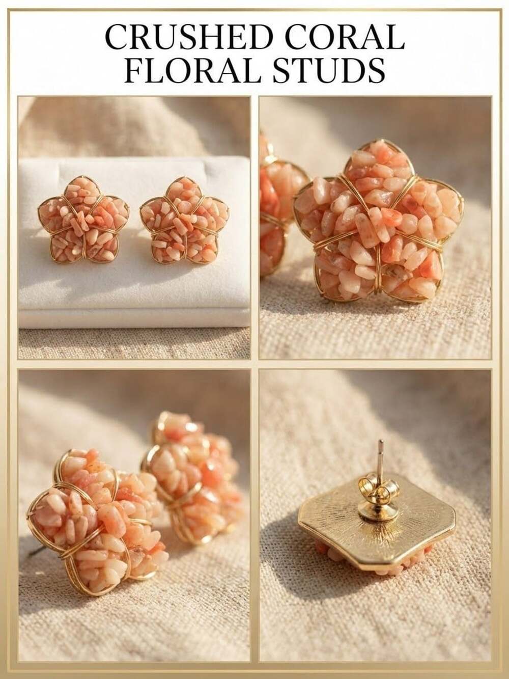 Crushed Coral Floral Stud Earrings Gold Tone Flower Shaped